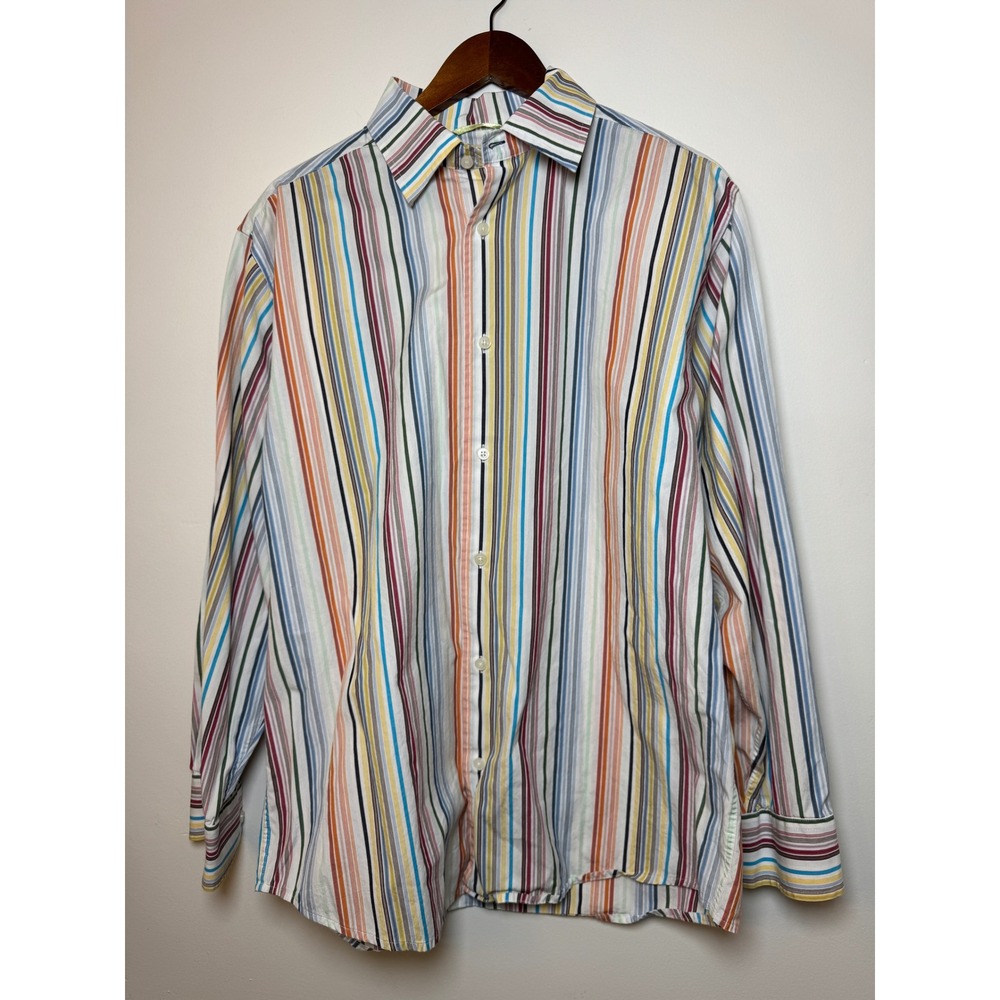 Cubavera Mens Large Multi Color Striped Cotton Button Down Shirt Pineapple‎ Logo